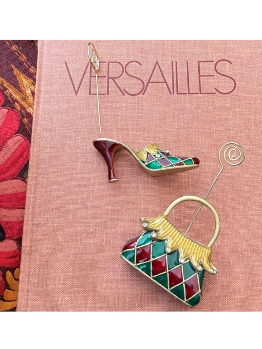 Harlequin Purse & High Heel Shoe Enamel Rhinestones Photo Holder Desk Memo Note